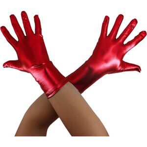 Women's Red Shiny Metallic Short Length Satin Wrist Gloves Costume Party